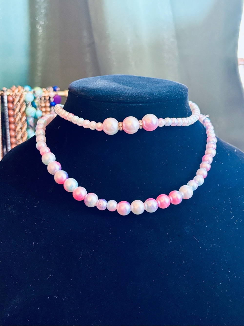 Handcrafted Pink/Blue Iridescent Pearl-Effect Beaded Necklace Set